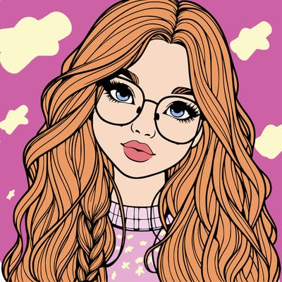 girl with long hair and freckles and glasses realistic