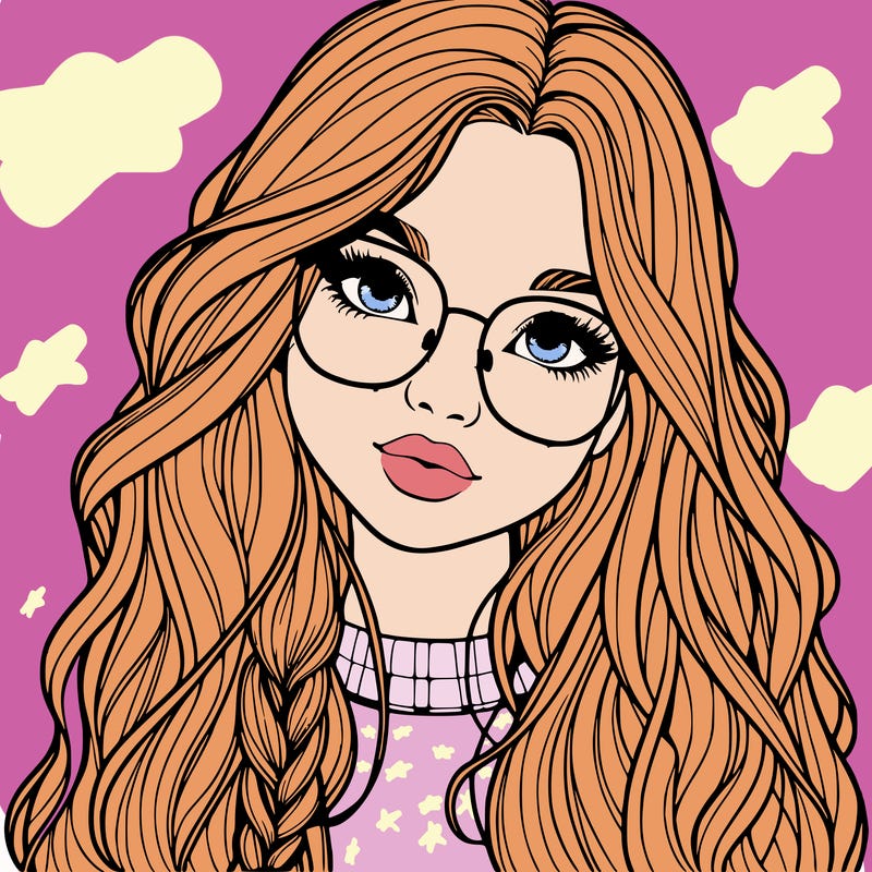 girl with long hair and freckles and glasses realistic