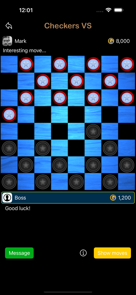 Dama VS: Checkers Flying Kings - Mobile screen showing an online checkers match in Dama VS with player names and coin balances