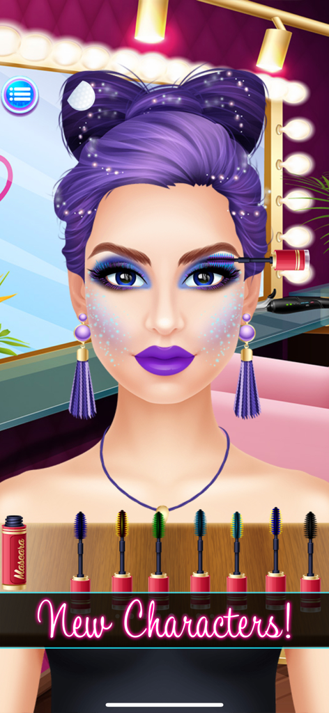 Applying blue mascara to a character with purple hair and glitter makeup in a beauty salon game