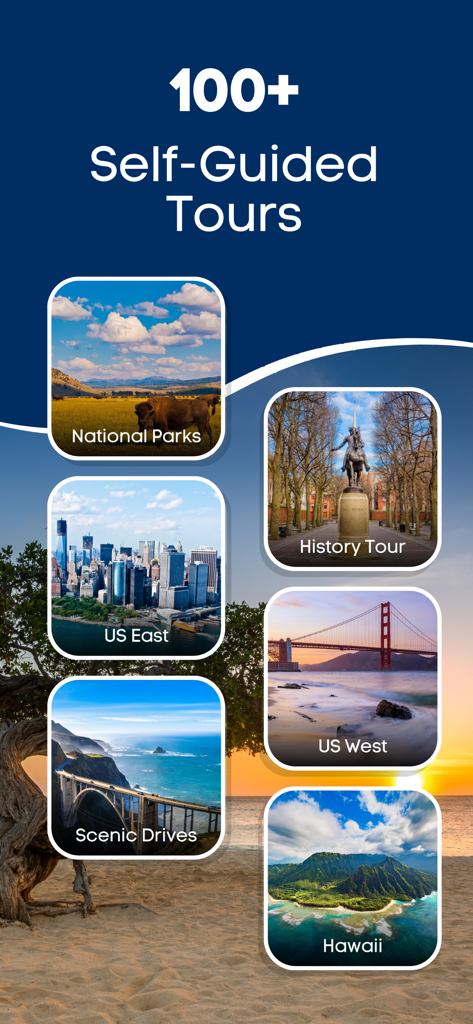 Aruba Self-Guided Island Tours - A mobile app interface displaying various travel tour categories including National Parks, US East, US West, and Hawaii.