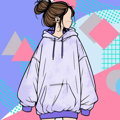 realistic girl with a oversized sweatshirt on and a bun