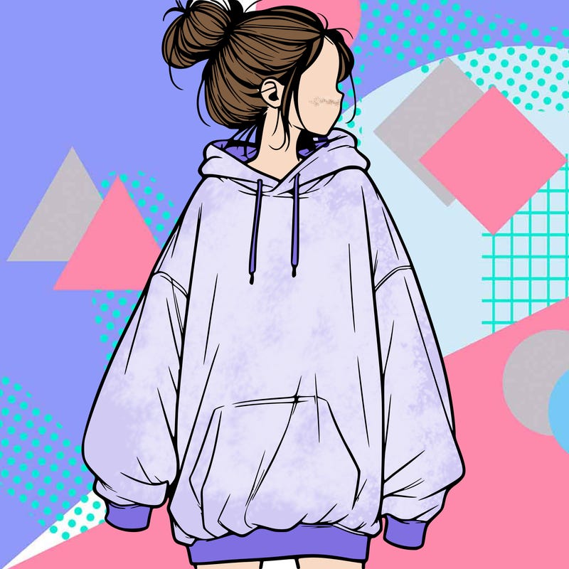 realistic girl with a oversized sweatshirt on and a bun