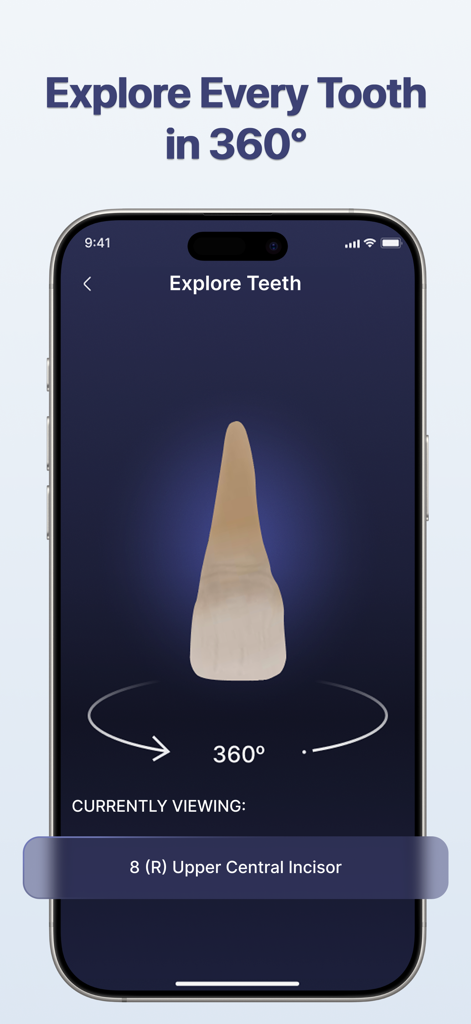 DentaCore: 3D Dental Anatomy - 3D dental anatomy exploration of an upper central incisor tooth in the DentaCore app