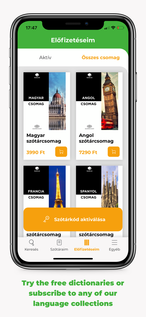 szotar.net - A mobile interface of the szotar.net app showing various language dictionary subscription packages including Hungarian, English, French, and Spanish.