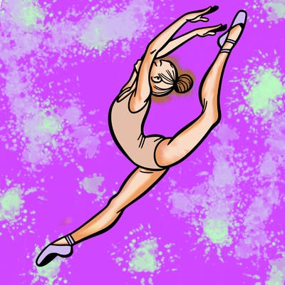 gymnast doing a leap in a leotard with a bent back leg
