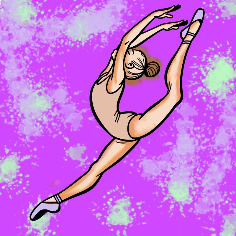 gymnast doing a leap in a leotard with a bent back leg