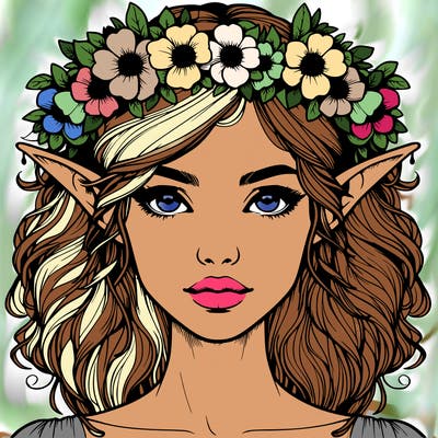 realistic female elf with flower crown