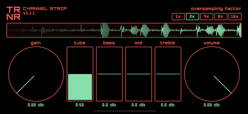 ChannelStrip LE - Interfaz de usuario de ChannelStrip LE con controles de saturación de tubos, ecualizador de 3 bandas y un osciloscopio que muestra una forma de onda de audio