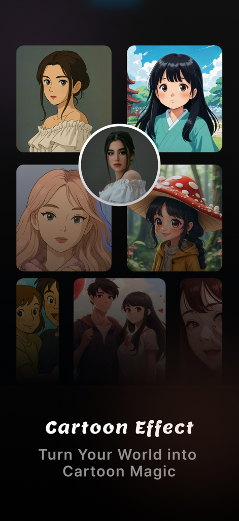 AI cartoon effects transforming a portrait into various anime art styles