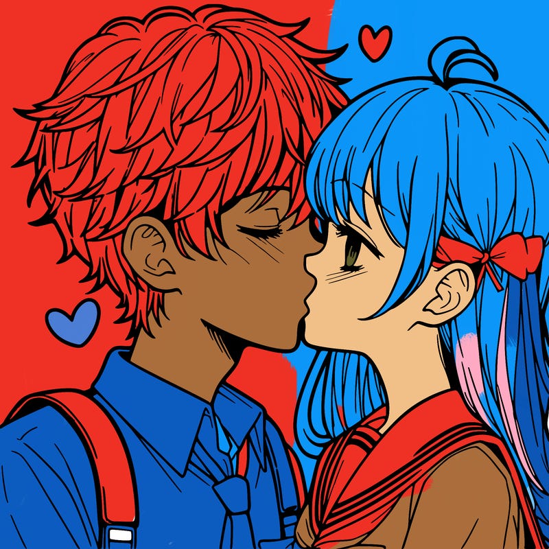 a boy and girl kissing anime