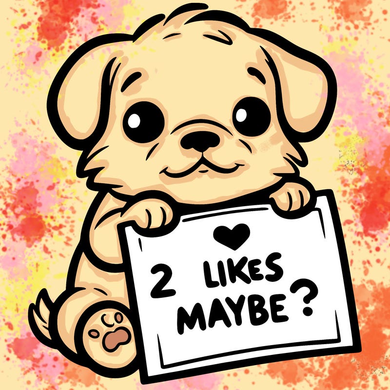 a puppy holding a sign that says 2 likes maybe?