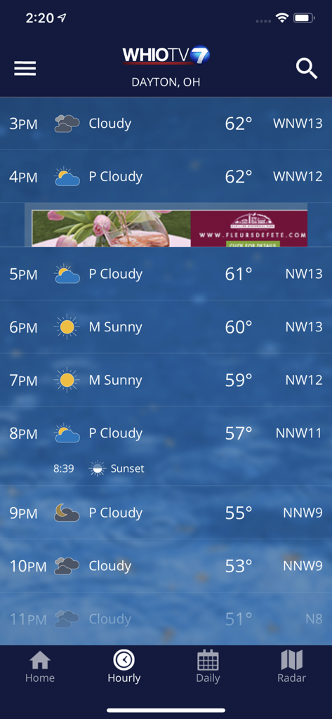 WHIO Weather app hourly forecast screen for Dayton Ohio