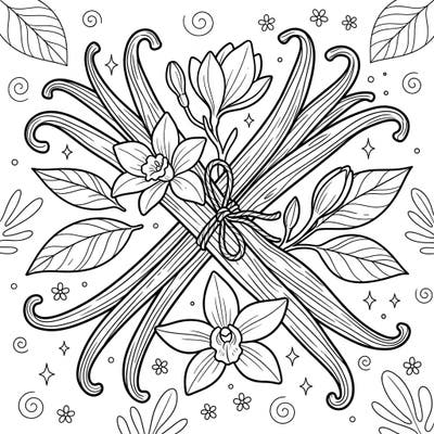 Dive into a delightful coloring activity with our vanilla bean themed page, specially designed for young artists. Kids aged 4-8 will love bringing these aromatic pods and beautiful flowers to life with their favorite colors.