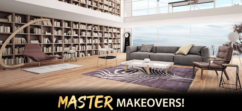 My Home Design Luxury Makeover - Modern luxury living room with a large library and designer furniture