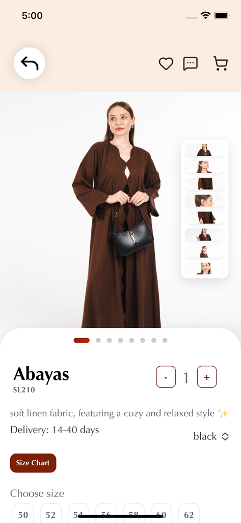 3bayti - A product page for a linen abaya on the 3bayti mobile shopping app