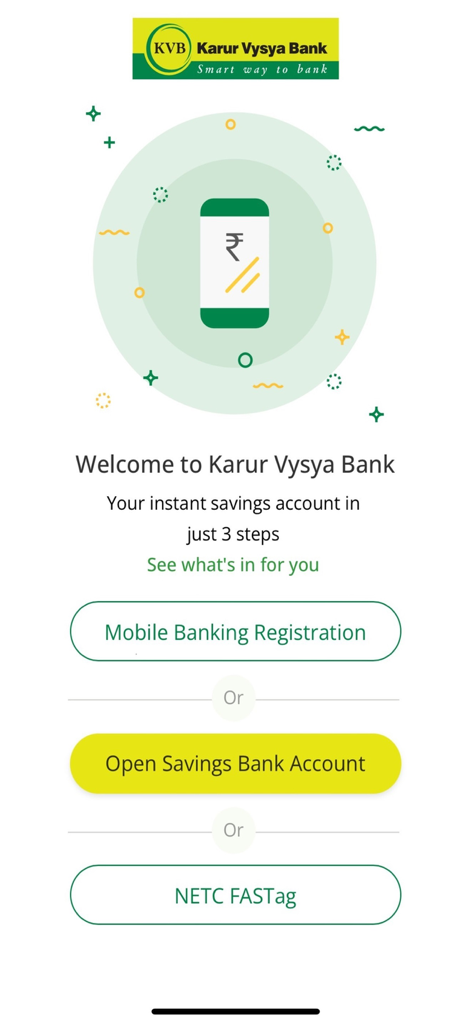 Welcome screen of KVB DLite app with options for registration and opening a savings account