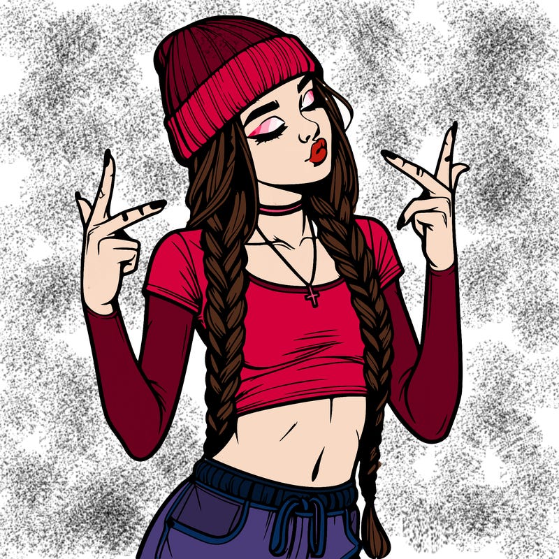 realistic teenage girl with braids and a beanie and crop top doing 🫶🏼
