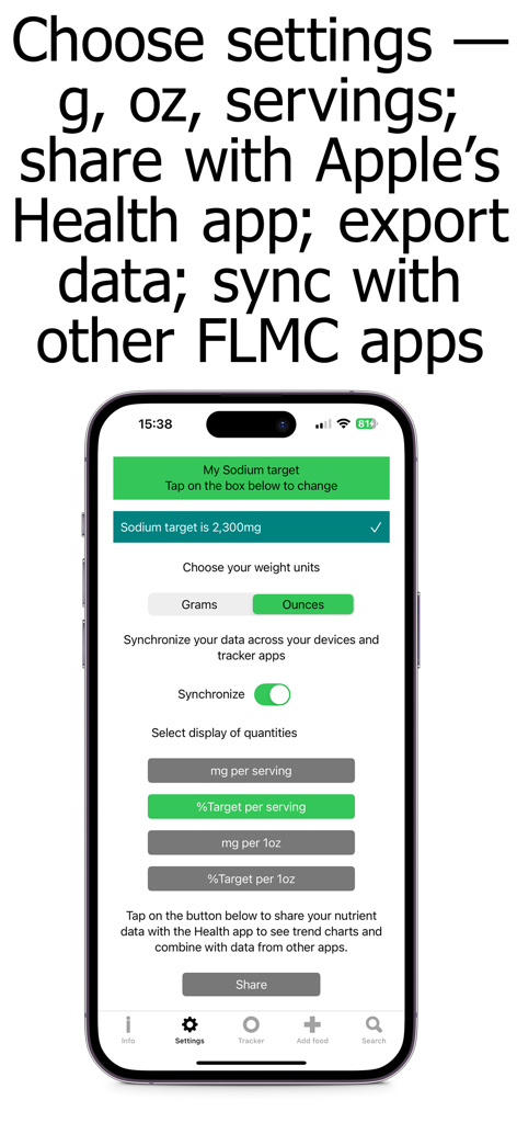 Settings screen for setting sodium targets and syncing with Apple Health