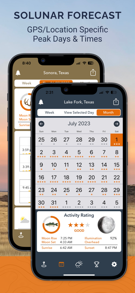 iSolunar™ Hunt & Fish Times - iSolunar app interface showing solunar forecast, peak activity times, and a monthly hunting and fishing calendar.