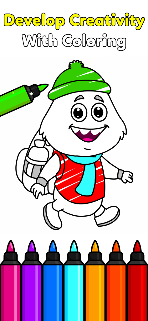 Fun Toddler Games for Kids 3-5 - Um personagem de monstro amigável sendo colorido com um marcador digital verde em um jogo de colorir para crianças.