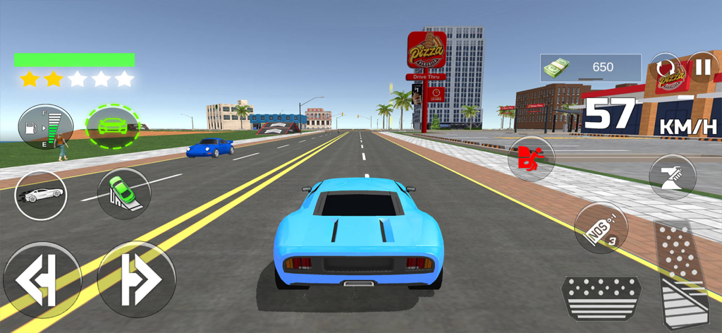 Gangster Life Open World Games - A blue sports car driving through an urban city environment in a mobile open world action game.
