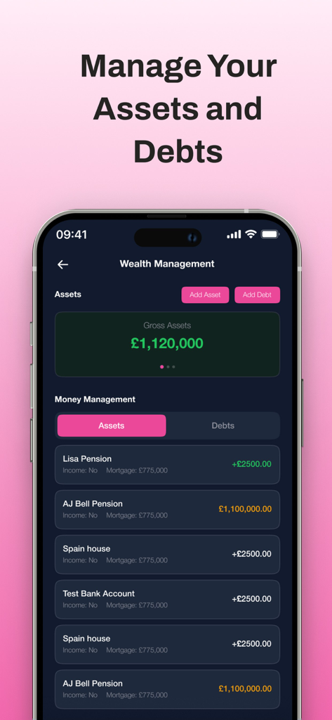 Wealth Tracker App - Interface of the Wealth Tracker app showing gross assets and a detailed list of pensions and property for wealth management