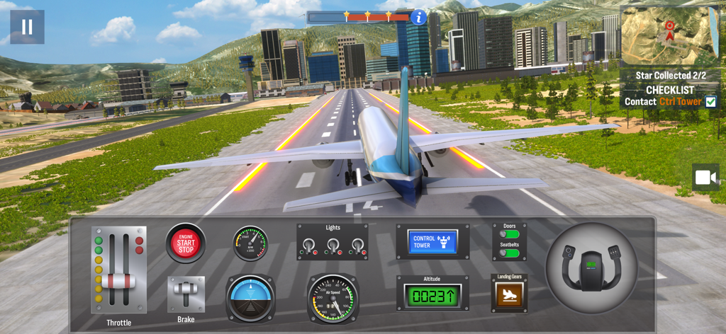 Airplane Pro: Flight Simulator - Ein Verkehrsflugzeug auf einer Landebahn mit Blick auf eine Stadtsilhouette und einem detaillierten Fluginstrumentenbrett unten