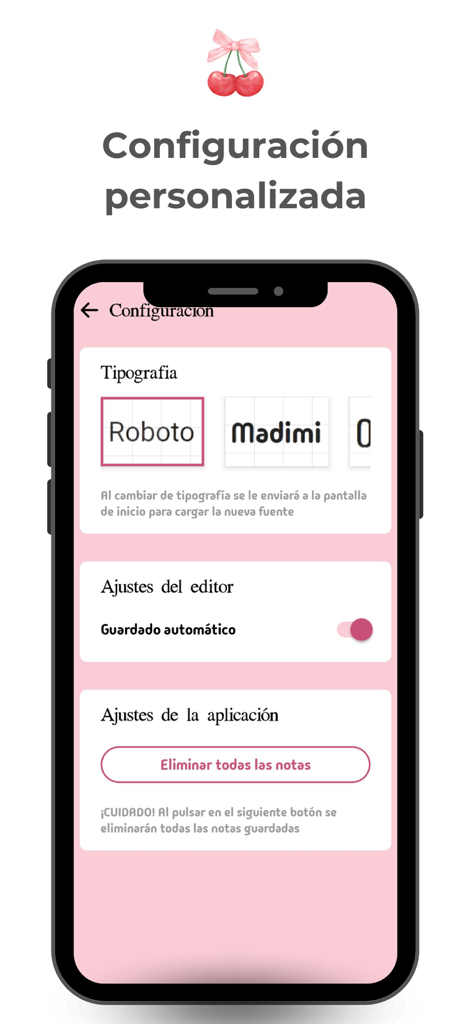 Pantalla de configuración personalizada de la app de notas coquette rosa mostrando la tipografía y los ajustes del editor