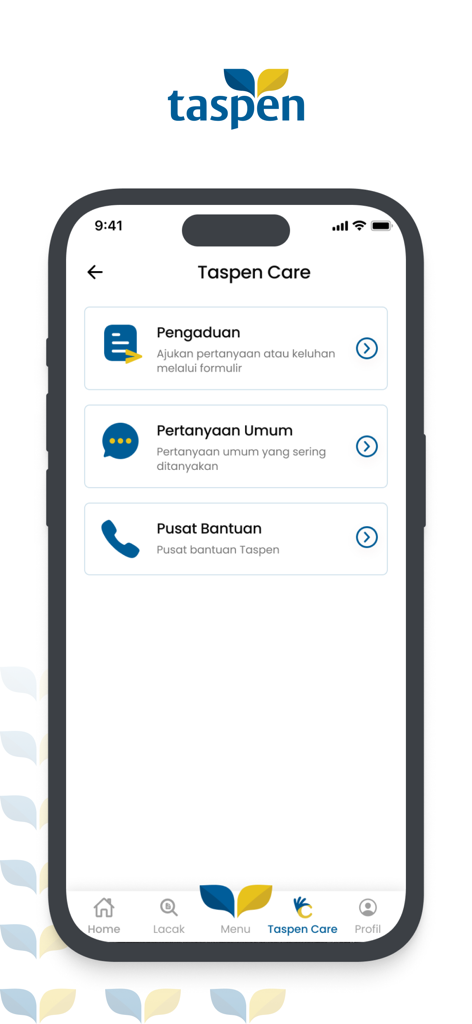 The Taspen Care menu in the Andal by Taspen app featuring support and FAQ options.