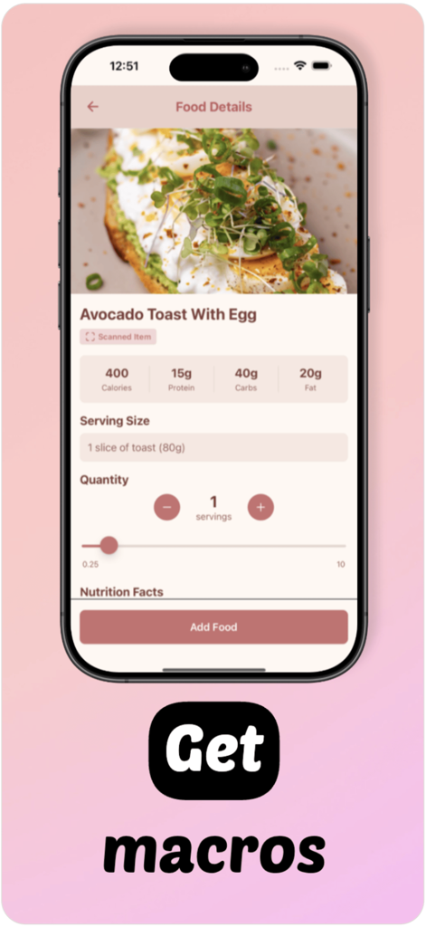 Calories AI: MacroMagic - MacroMagic app food details screen displaying calories and macro breakdown for avocado toast