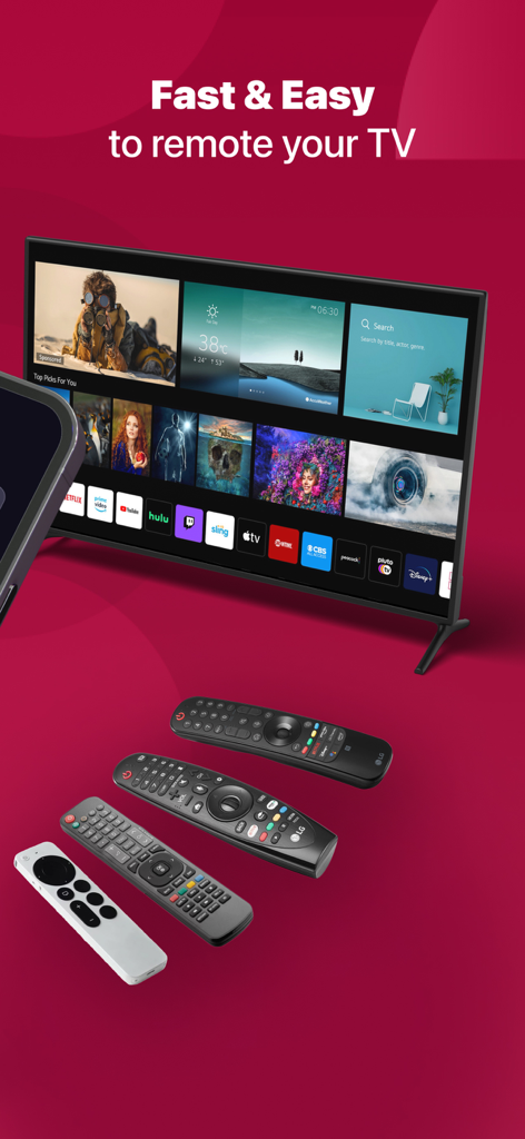 Smart TV Remote for ThinG TV - LG TVと赤い背景に複数の物理リモコンが表示されたスマートTVリモコンアプリのプロモーショングラフィック