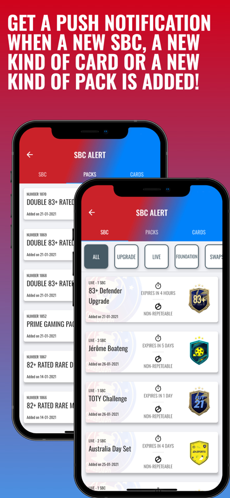 FUT Scoreboard - Track & Alert - FUT Scoreboard mobile app interface displaying SBC alerts and push notification features for new cards and packs
