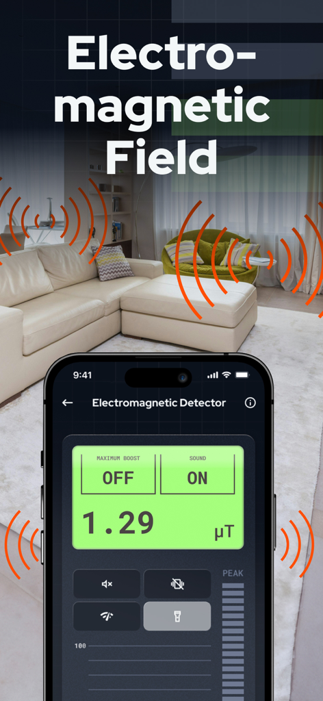 Metal Detector and Spy Camera - Interfaz de la aplicación que muestra niveles de detección de campo electromagnético en una habitación