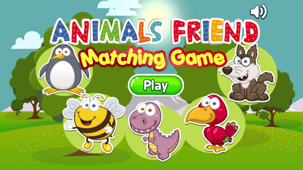 Dinosaur animals friend pair matching game for kid - Pantalla principal del Juego de Emparejar Amigos Animales con personajes de pingüino, abeja, dinosaurio, pájaro y lobo con un botón de reproducción.