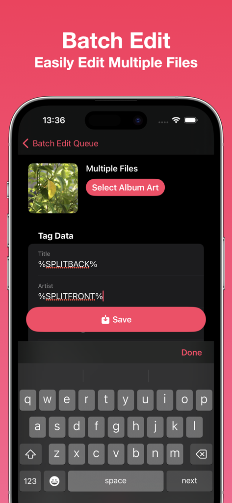 Pantalla de la app Tunetag para la edición en lote de metadatos de múltiples archivos de música utilizando tokens de automatización