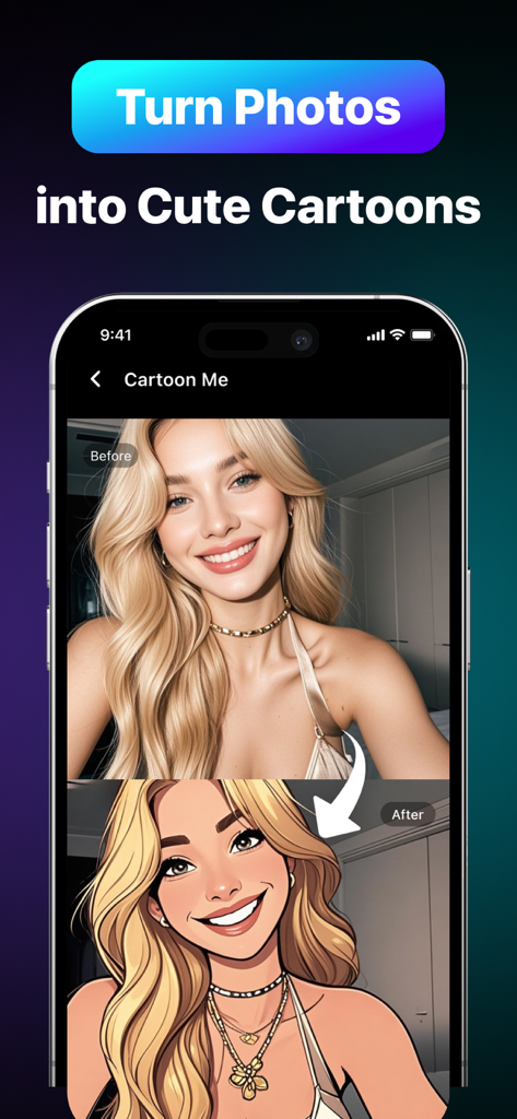 Artifex AI - AI photo Editor - Ein Vorher-Nachher-Vergleich, der das Porträt einer Frau zeigt, das mit der Artifex AI App in eine Karikatur verwandelt wurde.