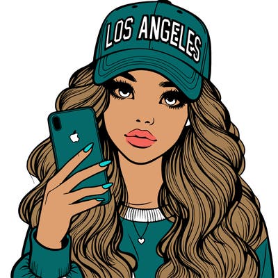 realistic beautiful girl wearing los ángeles cap holding an iphone