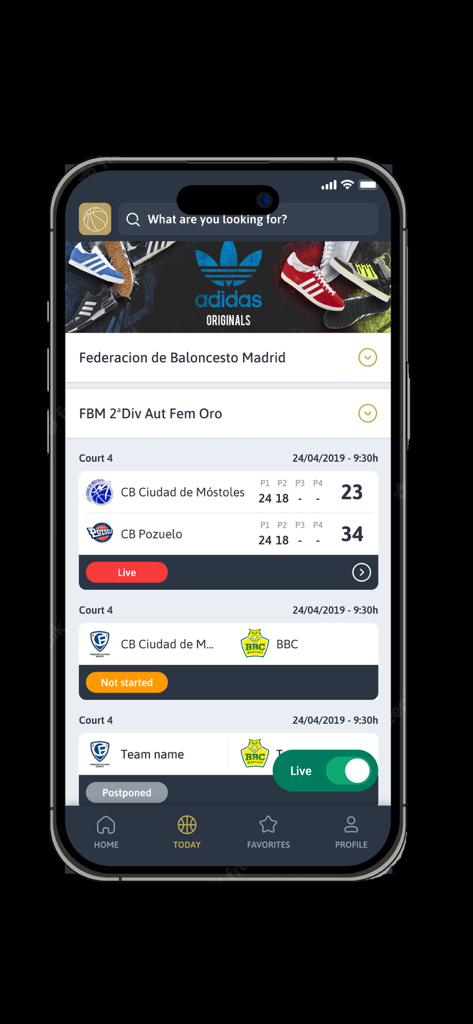 DBB Scores app displaying live basketball match results and schedules