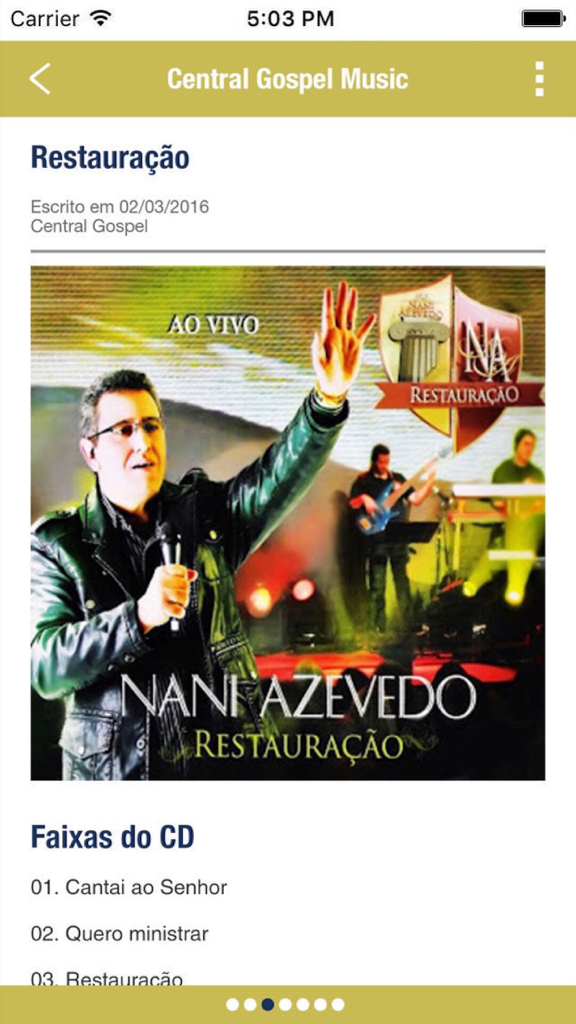 Central Gospel Music - Página de detalhes do álbum Restauração de Nani Azevedo no aplicativo Música Gospel Central apresentando a capa do álbum e a lista de faixas.