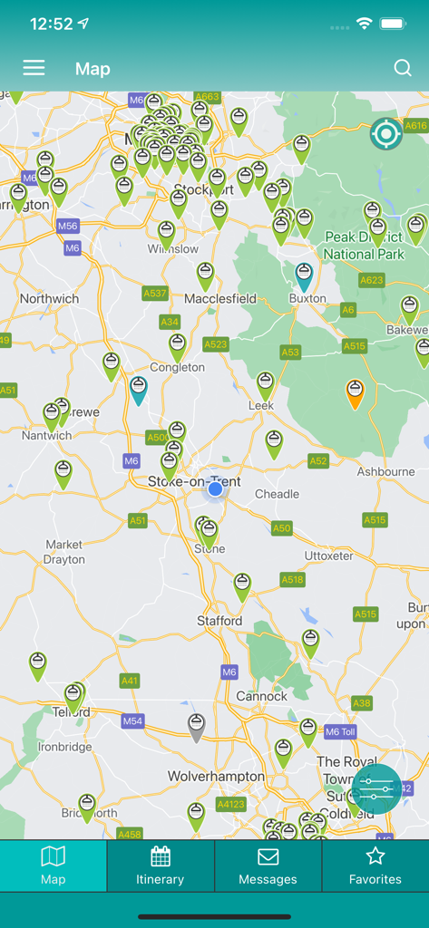 Map view in the Warmshowers app displaying several cycling host locations across a geographic region.