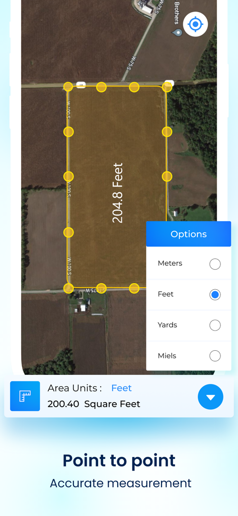 Satellite map interface showing a field measured with yellow pins and a unit selection menu for feet meters and yards