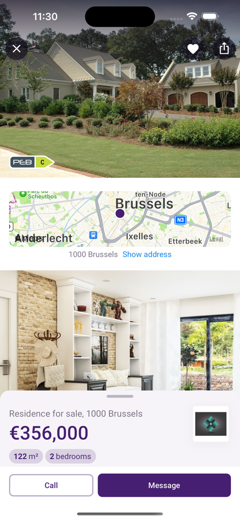 Immovlan - Immovlan app screen showing a house for sale in Brussels with photos price and map