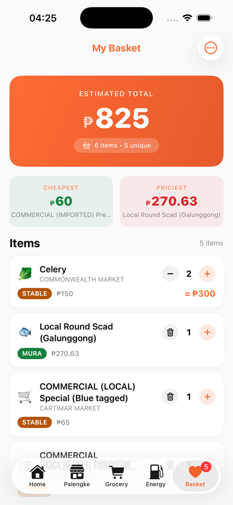AnoMura — Price Tracker PH - AnoMura app showing a shopping basket with an estimated total price for various grocery items in the Philippines
