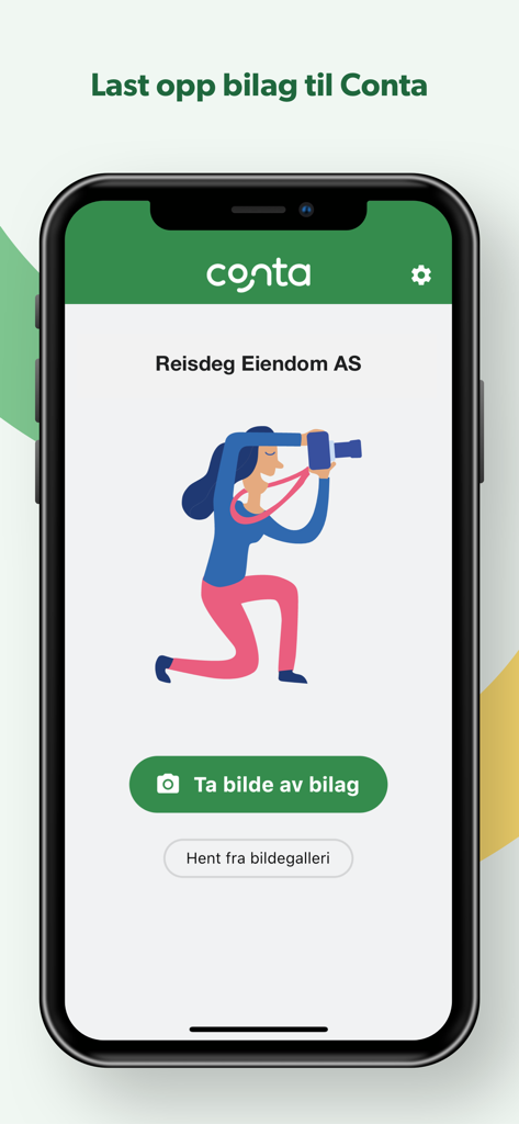 Conta 앱의 모바일 화면에 여성이 사진을 찍는 그림과 회계 문서 사진을 캡처하는 버튼이 표시됩니다.