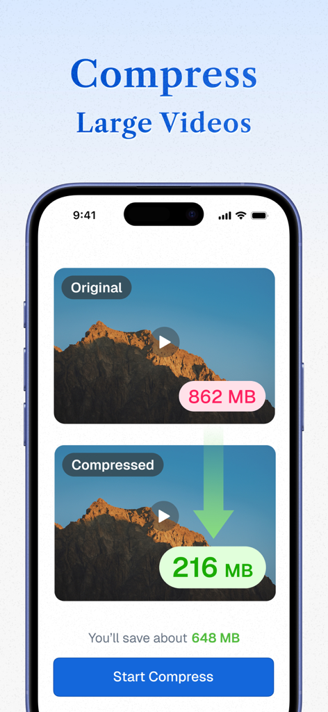 True Cleaner - Cleanup Storage - Interface de l'application True Cleaner montrant la compression vidéo de 862 Mo à 216 Mo pour économiser de l'espace de stockage sur iPhone