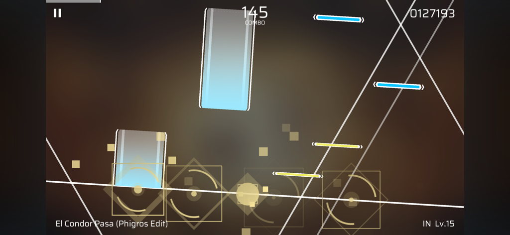 Gameplay of Phigros rhythm game showing dynamic judgment lines and notes for the song El Condor Pasa