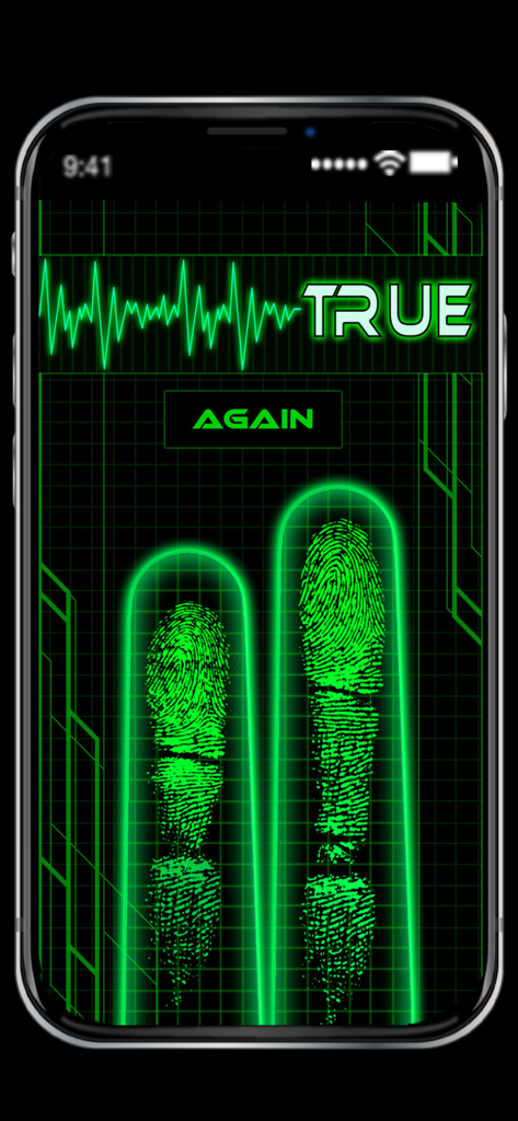 Truth and Lie Detector - - Interface do aplicativo Detector de Verdade e Mentira exibindo um resultado verdadeiro com ícones de impressão digital verdes
