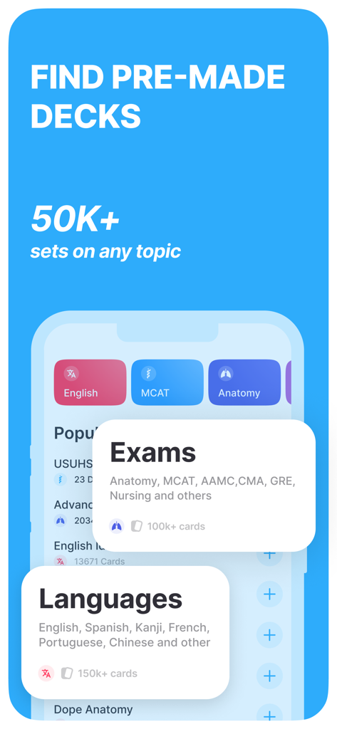 Noji app screen displaying over 50,000 pre-made flashcard sets for languages and exam preparation.