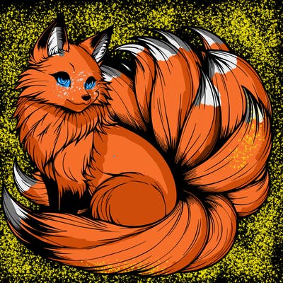 realistic detailed 9 tailed anime fox